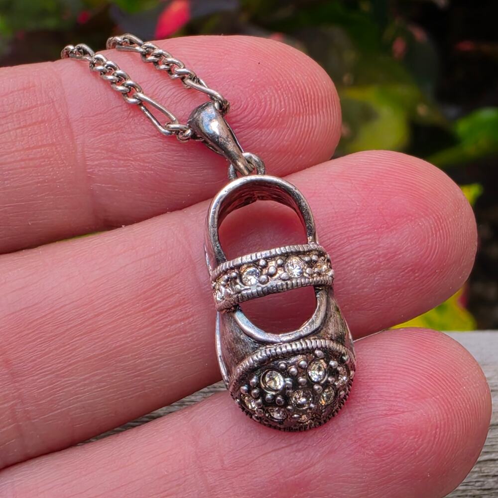 Vintage Sterling Silver, Marcasite & Crystal Mary Jane Shoe Pendant Necklace 36"